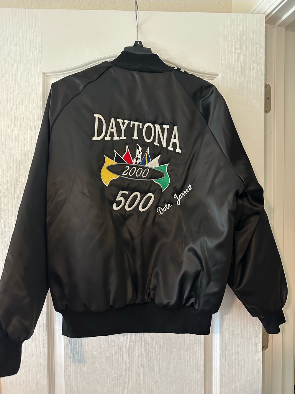 Vtg Black Satin Bomber Jacket Daytona 500 Racing L